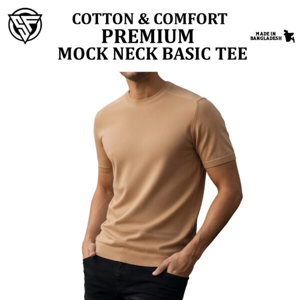 Premium Mock Neck Basic T-Shirt- Beige