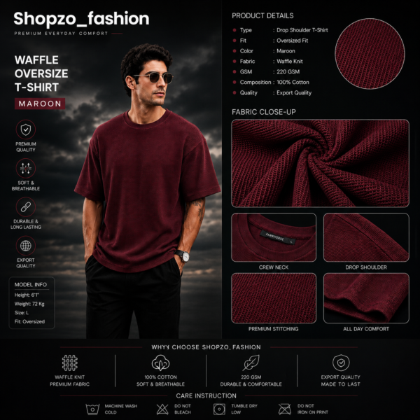 Premium Waffle Drop Shoulder Maroon
