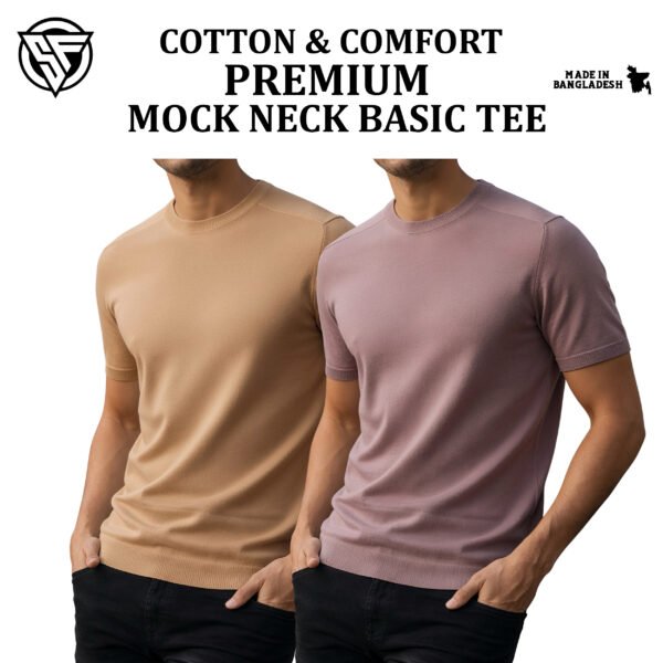 Premium Mock Neck Basic T-Shirt- Beige-Birck