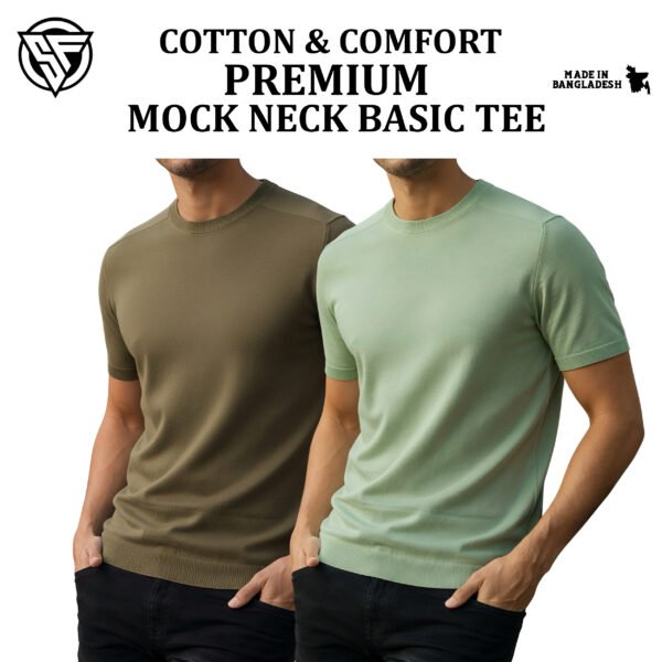 Premium Mock Neck Basic T-Shirt- Boil Olive-Lemon