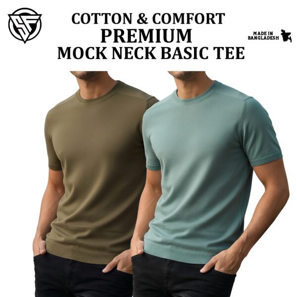 Premium Mock Neck Basic T-Shirt- Boil Olive-Mint