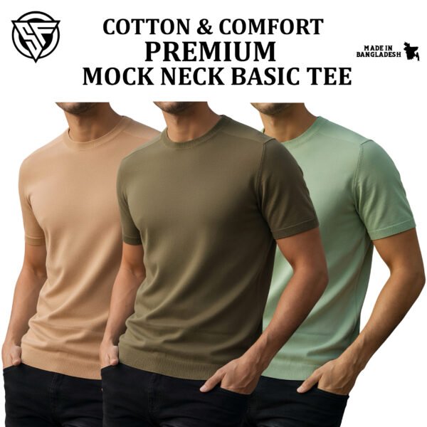 Premium Mock Neck Basic T-Shirt- Beige-Boil Olive-Pastle
