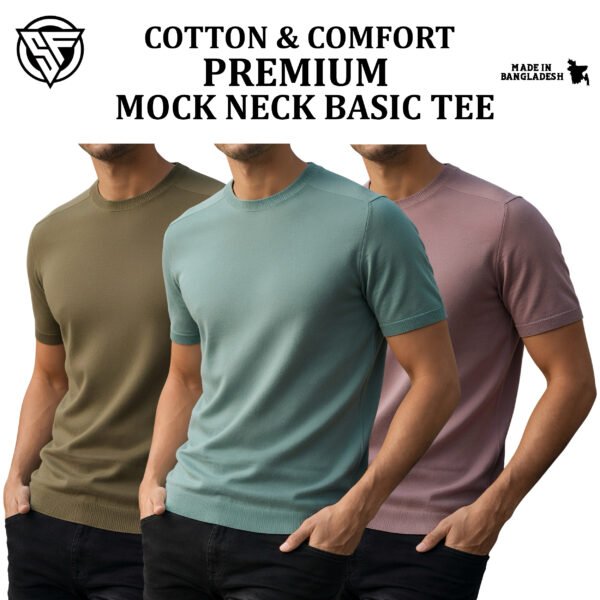 Premium Mock Neck Basic T-Shirt- Boil Olive-Pastle-Brick