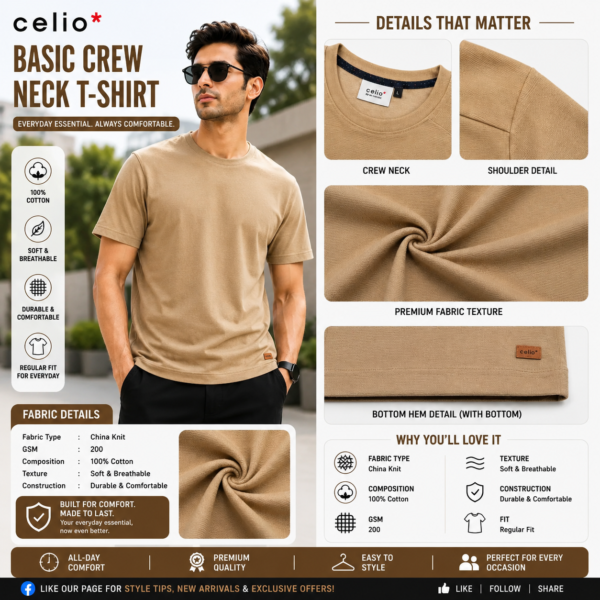 Premium Mock Neck Basic T-Shirt- Beige