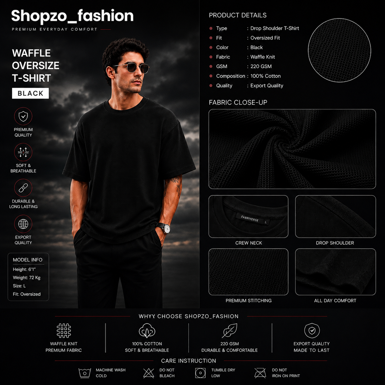 Premium Waffle Drop Shoulder Black