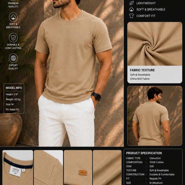 Premium Mock Neck Basic T-Shirt- Beige