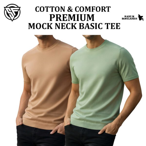 Premium Mock Neck Basic T-Shirt- Beige-Lemon