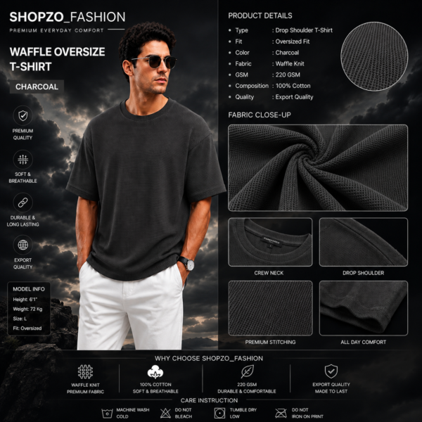 Premium Waffle Drop Shoulder Charcoal