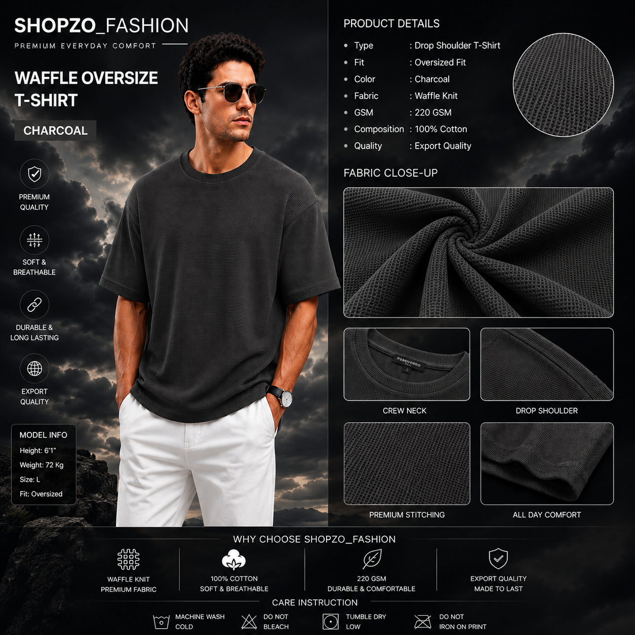 Premium Waffle Drop Shoulder Charcoal