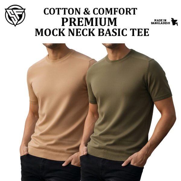 Premium Mock Neck Basic T-Shirt- Beige-Boil Olive
