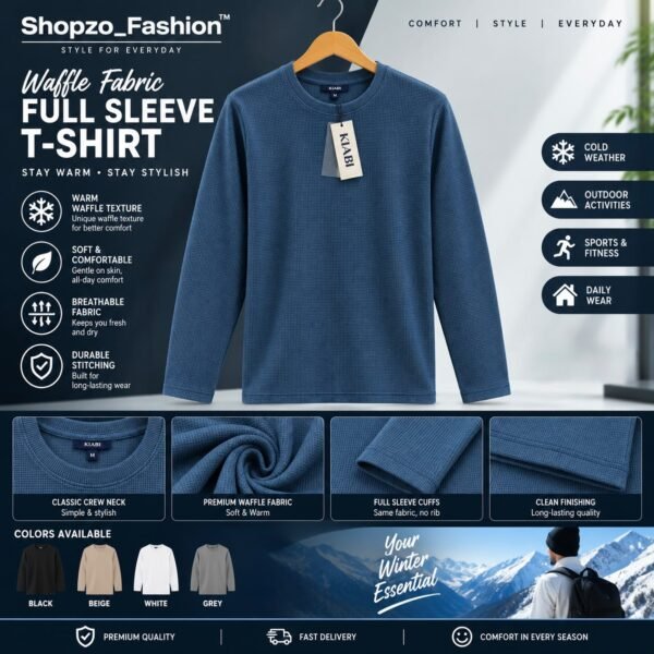 Premium Waffle Full Sleeve Tee - Petrol Blue